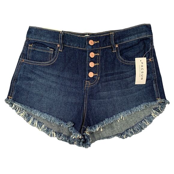 Bullhead Shorts Womens 28 Dark Wash Cut Off Button Fly High Rise Cotton Frayed - Picture 1 of 15